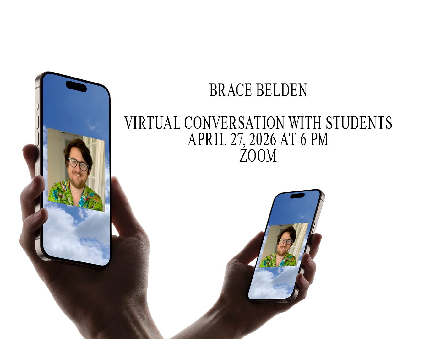 Two hands hold smartphones showing a man with a floral shirt and glasses. Text reads 