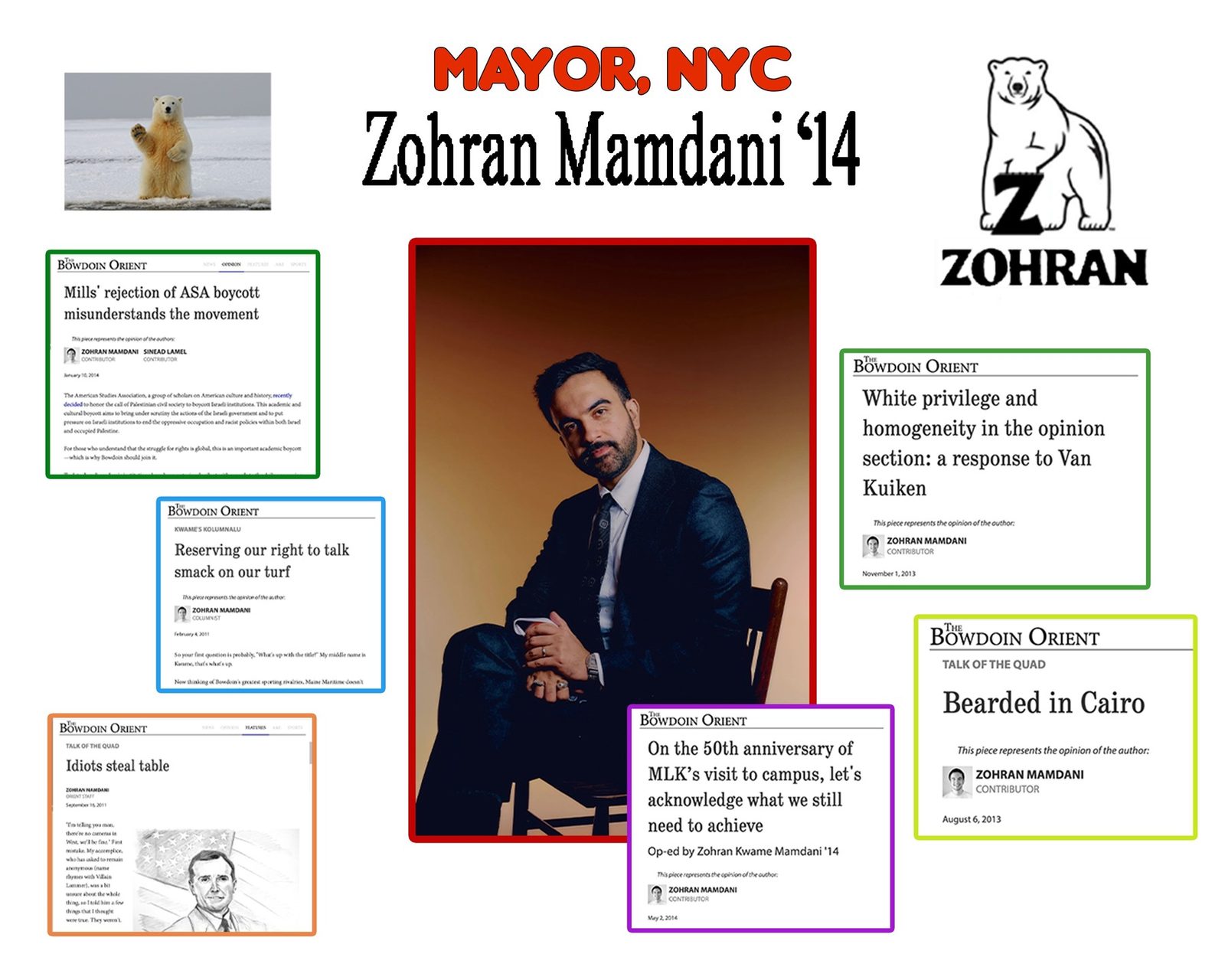 Graphic celebrating Zohran Mamdani's election as Mayor of NYC and his Bowdoin Class of 2014 connection. A seated portrait of Mamdani in a dark suit anchors the composition, surrounded by screenshots of six op-eds he wrote for The Bowdoin Orient between 2011 and 2014. A waving polar bear photo sits in the upper left, with the Bowdoin polar bear logo and his name in the upper right.